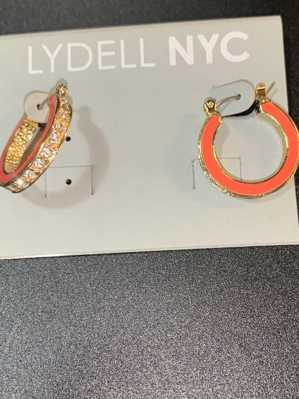 NWT Lydell NYC Coral and Gold tone Hoop Earrings with rhinestones
